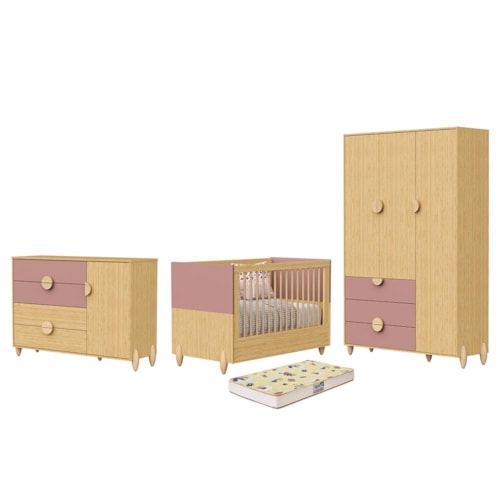 Dormitório Infantil Gracia Guarda Roupa, Cômoda 1 Porta e Berço Rosê/Naturale com Colchão Supreme - Reller Móveis