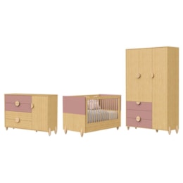 Dormitório Infantil Gracia Guarda Roupa, Cômoda 1 Porta e Berço Rosê/Naturale - Reller Móveis