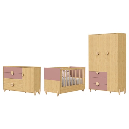 Dormitório Infantil Gracia Guarda Roupa, Cômoda 1 Porta e Berço Rosê/Naturale - Reller Móveis