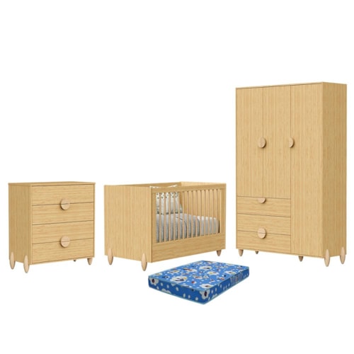 Dormitório Infantil Gracia Guarda Roupa, Cômoda 4 Gavetas e Berço Naturale com Colchão Baby Physical - Reller Móveis