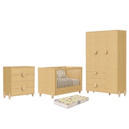 Dormitório Infantil Gracia Guarda Roupa, Cômoda 4 Gavetas e Berço Naturale com Colchão Supreme - Reller Móveis