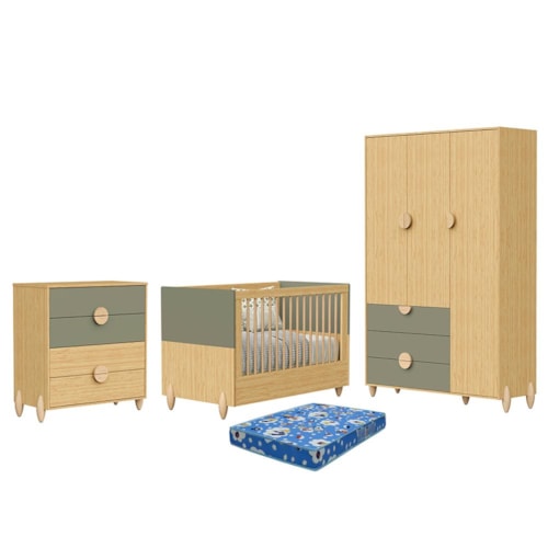 Dormitório Infantil Gracia Guarda Roupa, Cômoda 4 Gavetas e Berço Oliva/Naturale com Colchão Baby Physical - Reller Móveis