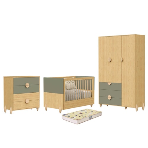 Dormitório Infantil Gracia Guarda Roupa, Cômoda 4 Gavetas e Berço Oliva/Naturale com Colchão Supreme - Reller Móveis