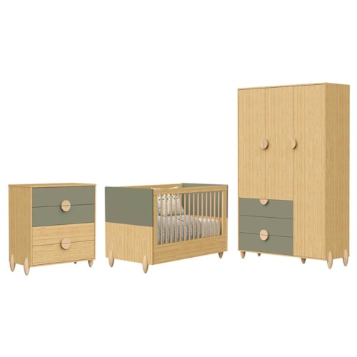 Dormitório Infantil Gracia Guarda Roupa, Cômoda 4 Gavetas e Berço Oliva/Naturale - Reller Móveis