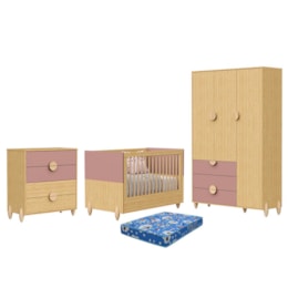 Dormitório Infantil Gracia Guarda Roupa, Cômoda 4 Gavetas e Berço Rosê/Naturale com Colchão Baby Physical - Reller Móveis