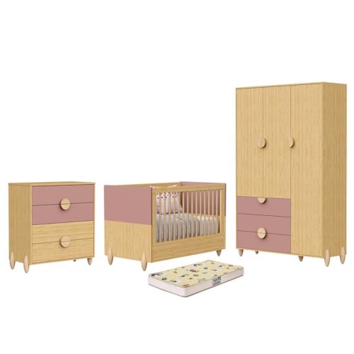 Dormitório Infantil Gracia Guarda Roupa, Cômoda 4 Gavetas e Berço Rosê/Naturale com Colchão Supreme - Reller Móveis