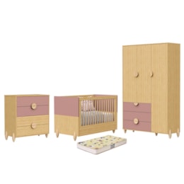 Dormitório Infantil Gracia Guarda Roupa, Cômoda 4 Gavetas e Berço Rosê/Naturale com Colchão Supreme - Reller Móveis