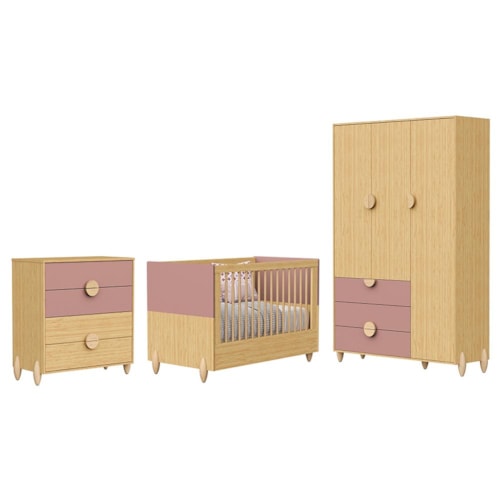 Dormitório Infantil Gracia Guarda Roupa, Cômoda 4 Gavetas e Berço Rosê/Naturale - Reller Móveis