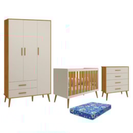 Dormitório Infantil Isis Guarda Roupa 3 Portas, Cômoda e Berço Areia/Savana com Colchão - Reller Móveis  Dormitório Infantil Isis Guarda Roupa 3 Portas, Cômoda e Berço Areia/Savana com Colchão - Reller Móveis