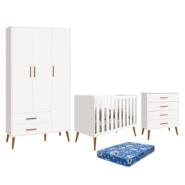 Dormitório Infantil Isis Guarda Roupa 3 Portas, Cômoda e Berço Branco com Colchão - Reller Móveis   Dormitório Infantil Isis Guarda Roupa 3 Portas, Cômoda e Berço Branco com Colchão - Reller Móveis