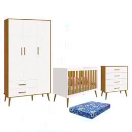 Dormitório Infantil Isis Guarda Roupa 3 Portas, Cômoda e Berço Branco/Savana com Colchão - Reller Móveis   Dormitório Infantil Isis Guarda Roupa 3 Portas, Cômoda e Berço Branco/Savana com Colchão - Reller Móveis