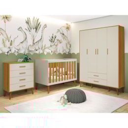 Dormitório Infantil Isis Guarda Roupa 4 Portas, Cômoda e Berço Areia/Savana com Colchão D18 - Reller Móveis   Dormitório Infantil Isis Guarda Roupa 4 Portas, Cômoda e Berço Areia/Savana com Colchão D18 - Reller Móveis