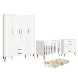 Dormitório Infantil Isis Guarda Roupa 4 Portas, Cômoda e Berço Branco com Colchão D18 - Reller Móveis  Dormitório Infantil Isis Guarda Roupa 4 Portas, Cômoda e Berço Branco com Colchão D18 - Reller Móveis