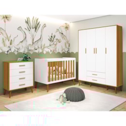 Dormitório Infantil Isis Guarda Roupa 4 Portas, Cômoda e Berço Branco/Savana com Colchão D18 - Reller Móveis   Dormitório Infantil Isis Guarda Roupa 4 Portas, Cômoda e Berço Branco/Savana com Colchão D18 - Reller Móveis
