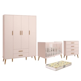 Dormitório Infantil Isis Guarda Roupa 4 Portas, Cômoda e Berço Rosa com Colchão D18 - Reller Móveis   Dormitório Infantil Isis Guarda Roupa 4 Portas, Cômoda e Berço Rosa com Colchão D18 - Reller Móveis