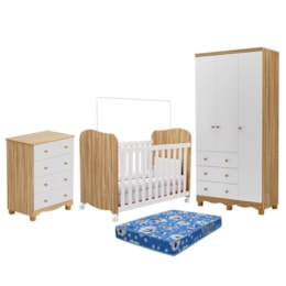 Dormitório Infantil Júnior 3 Portas, Cômoda e Berço Uli Branco Brilho/Amêndoa com Colchão Baby Physical - Móveis Peroba