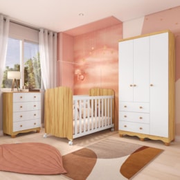 Dormitório Infantil Júnior 3 Portas, Cômoda e Berço Uli Branco Brilho/Amêndoa com Colchão Supreme - Móveis Peroba