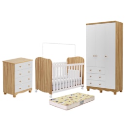 Dormitório Infantil Júnior 3 Portas, Cômoda e Berço Uli Branco Brilho/Amêndoa com Colchão Supreme - Móveis Peroba
