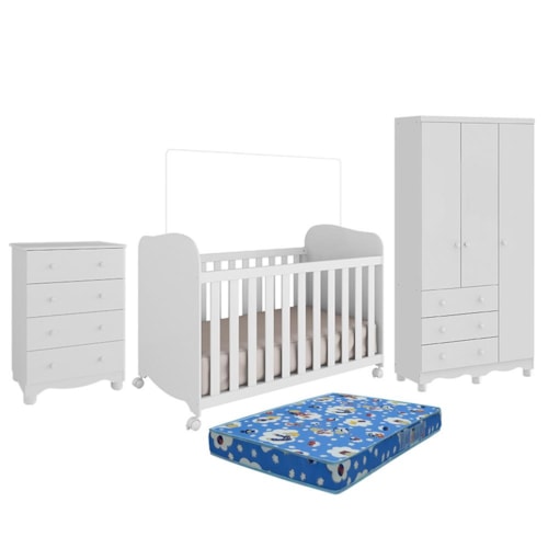 Dormitório Infantil Júnior 3 Portas, Cômoda e Berço Uli Branco Brilho com Colchão Baby Physical - Móveis Peroba