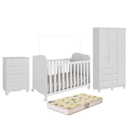 Dormitório Infantil Júnior 3 Portas, Cômoda e Berço Uli Branco Brilho com Colchão Supreme - Móveis Peroba