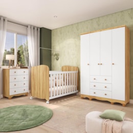 Dormitório Infantil Júnior 4 Portas, Cômoda e Berço Uli Branco Brilho/Amêndoa com Colchão Baby Physical - Móveis Peroba