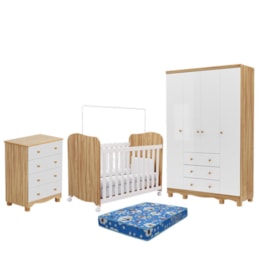 Dormitório Infantil Júnior 4 Portas, Cômoda e Berço Uli Branco Brilho/Amêndoa com Colchão Baby Physical - Móveis Peroba