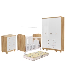 Dormitório Infantil Júnior 4 Portas, Cômoda e Berço Uli Branco Brilho/Amêndoa com Colchão Supreme - Móveis Peroba