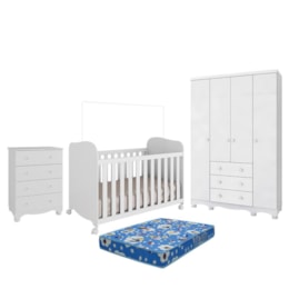 Dormitório Infantil Júnior 4 Portas, Cômoda e Berço Uli Branco Brilho com Colchão Baby Physical - Móveis Peroba Dormitório Infantil Júnior 4 Portas, Cômoda e Berço Uli Branco Brilho com Colchão Baby Physical - Móveis Peroba