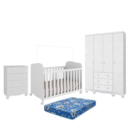 Dormitório Infantil Júnior 4 Portas, Cômoda e Berço Uli Branco Brilho com Colchão Baby Physical - Móveis Peroba