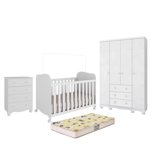 Dormitório Infantil Júnior 4 Portas, Cômoda e Berço Uli Branco Brilho com Colchão Supreme - Móveis Peroba