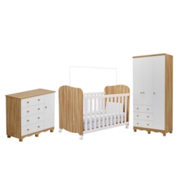 Dormitório Infantil Júnior Guarda Roupa 3 Portas, Cômoda 1 Porta e Berço Uli Branco Brilho/Amêndoa - Móveis Peroba