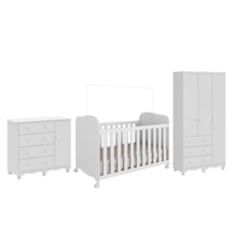 Dormitório Infantil Júnior Guarda Roupa 3 Portas, Cômoda 1 Porta e Berço Uli Branco Brilho - Móveis Peroba