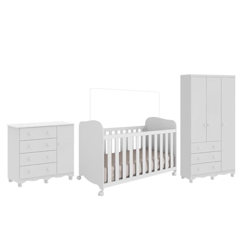 Dormitório Infantil Júnior Guarda Roupa 3 Portas, Cômoda 1 Porta e Berço Uli Branco Brilho - Móveis Peroba