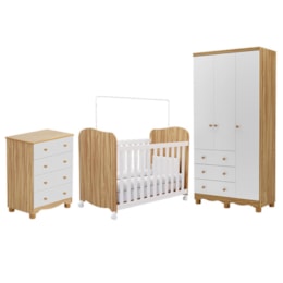 Dormitório Infantil Júnior Guarda Roupa 3 Portas, Cômoda e Berço Uli Branco Brilho/Amêndoa - Móveis Peroba