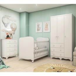 Dormitório Infantil Júnior Guarda Roupa 3 Portas, Cômoda e Berço Uli Branco Brilho - Móveis Peroba