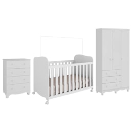Dormitório Infantil Júnior Guarda Roupa 3 Portas, Cômoda e Berço Uli Branco Brilho - Móveis Peroba