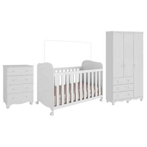 Dormitório Infantil Júnior Guarda Roupa 3 Portas, Cômoda e Berço Uli Branco Brilho - Móveis Peroba