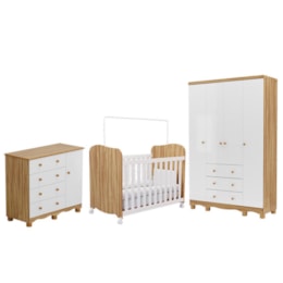 Dormitório Infantil Júnior Guarda Roupa 4 Portas, Cômoda 1 Porta e Berço Uli Branco Brilho/Amêndoa - Móveis Peroba