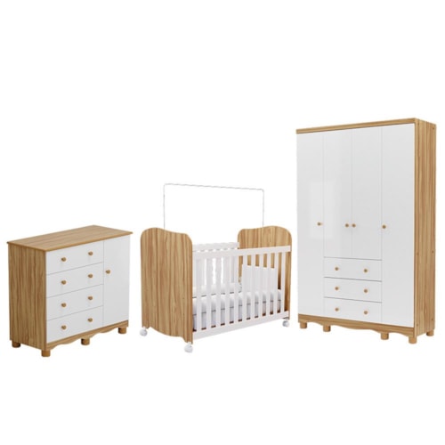 Dormitório Infantil Júnior Guarda Roupa 4 Portas, Cômoda 1 Porta e Berço Uli Branco Brilho/Amêndoa - Móveis Peroba
