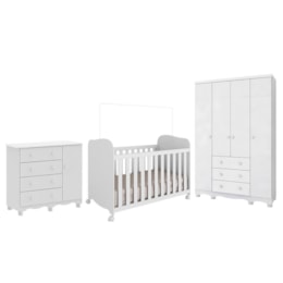 Dormitório Infantil Júnior Guarda Roupa 4 Portas, Cômoda 1 Porta e Berço Uli Branco Brilho - Móveis Peroba