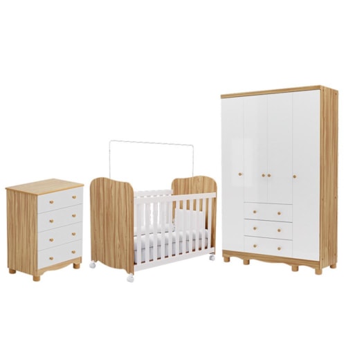 Dormitório Infantil Júnior Guarda Roupa 4 Portas, Cômoda e Berço Uli Branco Brilho/Amêndoa - Móveis Peroba