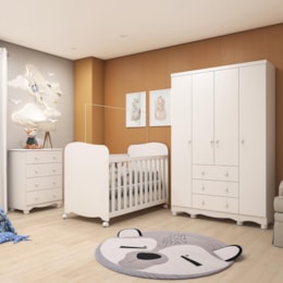 Dormitório Infantil Júnior Guarda Roupa 4 Portas, Cômoda e Berço Uli Branco Brilho - Móveis Peroba