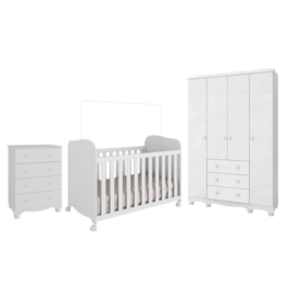 Dormitório Infantil Júnior Guarda Roupa 4 Portas, Cômoda e Berço Uli Branco Brilho - Móveis Peroba