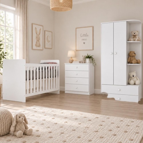 Dormitório Infantil Labirinto com Guarda Roupa, Cômoda, Berço Branco e Colchão Supreme - Móveis Henn