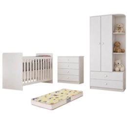 Dormitório Infantil Labirinto com Guarda Roupa, Cômoda, Berço Branco e Colchão Supreme - Móveis Henn