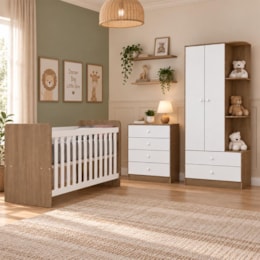 Dormitório Infantil Labirinto com Guarda Roupa, Cômoda, Berço Rústico/Branco e Colchão Supreme - Móveis Henn