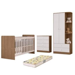 Dormitório Infantil Labirinto com Guarda Roupa, Cômoda, Berço Rústico/Branco e Colchão Supreme - Móveis Henn
