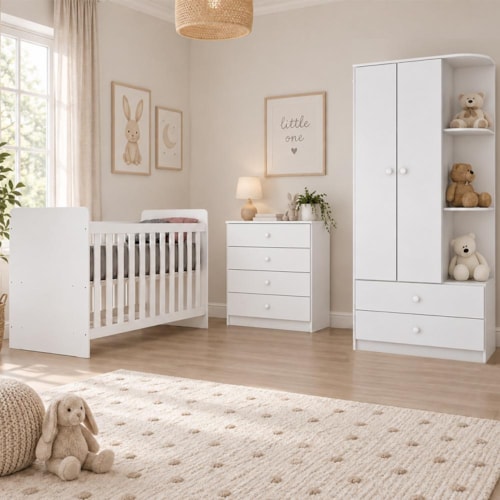 Dormitório Infantil Labirinto com Guarda Roupa, Cômoda e Berço Branco - Móveis Henn