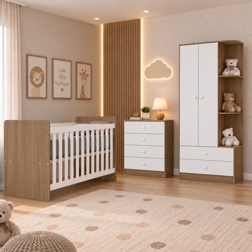 Dormitório Infantil Labirinto com Guarda Roupa, Cômoda e Berço Rústico/Branco - Móveis Henn
