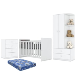 Dormitório Infantil Labirinto Guarda Roupa, Cômoda e Berço Branco Brilho com Colchão - Móveis Henn Dormitório Infantil Labirinto Guarda Roupa, Cômoda e Berço Branco Brilho com Colchão - Móveis Henn